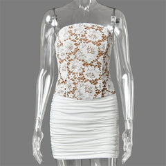White Strapless Lace Corset Ruched Hem Bodycon Mini Dress