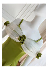 Green Satin Off-shoulder Patchwork Mesh 3d Flower Midi Dress
