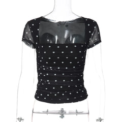 Black Polka Dot Mesh Short Sleeve Top