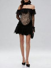 Black Lace Lapel Neck Long Sleeve Mini Dress