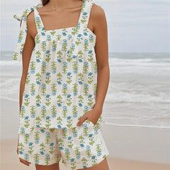 White Printed Tie Shoulder Top And Shorts Lounge Set