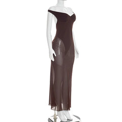 Wrap Off-shoulder Strap Mesh Bodysuit Maxi Dress