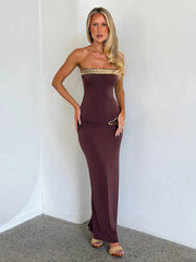 Brown Strapless Sequin Trim Metal Decoration Long Dress
