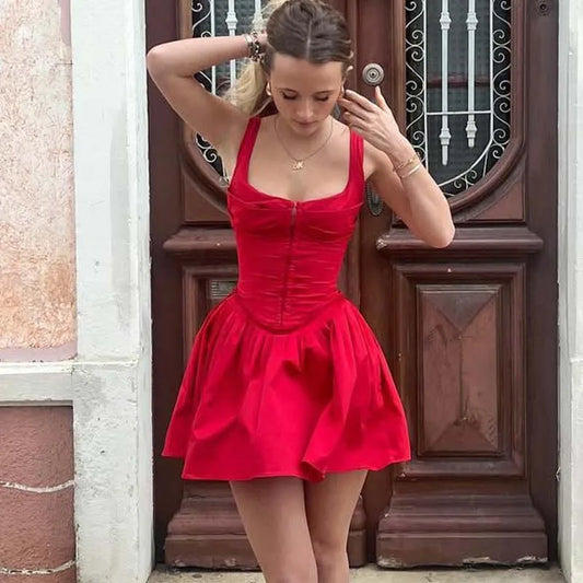 Corset Hook Sleeveless Pleated Mini Dress
