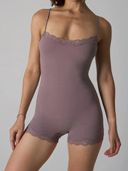 Lace Trim Elasticity Adjustable Strap Lounge Onesie