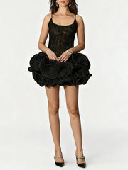 Sheer Strap 3d Flower Frill Mini Dress