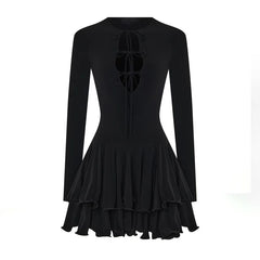 Long Sleeve Ruffle Hem Lace Up Mini Dress