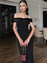 Black Off-shoulder Satin Buttoned Maxi Dress