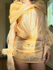 Yellow Diamonds Off-shoulder Long Sleeve Sheer Mini Dress