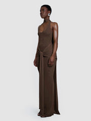 Brown Halter Neck Tie Up Folds With Neck Scarf  Long Dress