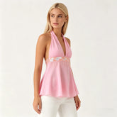 Pink Halter Neck Sequins Tassel Sheer Tank Top