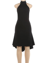 Halter Neck Backless Hollow Out Back Tie‑Up Ruffle Hem Mermaid Midi Dress