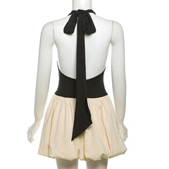 Patchwork Puff Halterneck Black Satin Mini Dress