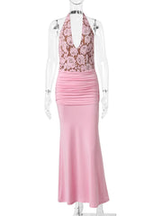 Pink Lace Halter Deep V-Neck Ruched Waist Maxi Dress
