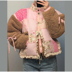 Patchwork Floral Gingham Print Bow Decor Fleece Jacket