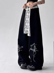 Lace Trim Waist Wide Leg Joggers