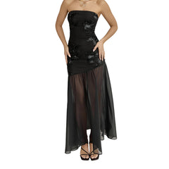 Black Floral Print Strapless Long Dress