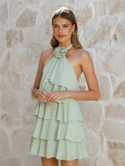 3D Flowers Ruffled Halter Tiered Mini Dress