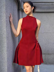 Metal Buckle High Neck Folds Mini Dress