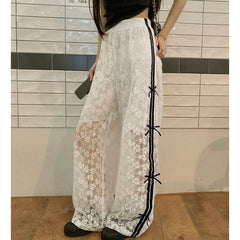 White Lace Sheer Stripe Panel Pants
