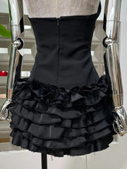 Black Halter Neck Lace-up Ruffles Mini Dress