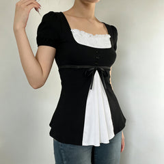 Contrast Color Square Neck Puff Sleeve Bow Babydoll Blouse