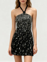 Black Sequin Ribbon Tie Up Mini Dress
