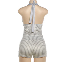 Grey Stripe Halter Tie-Up Crop Top And Shorts Set