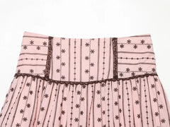 Pink Floral Stripe Lace Trim Short Sleeve Top And Mini Skirt Set