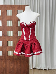Dotted Strapless Lace Trim Corset Top And Mini Skirt Set