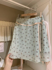 Blue Floral Print Bow Waist Short Skirt