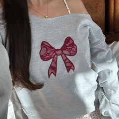 Embroidery Off Shoulder Long Sleeve Pullover