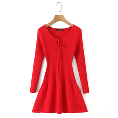 O neck Long Sleeve Knitting Mini Dress