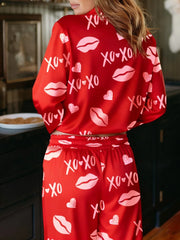 Long Sleeve Heart Lip Print Shirt and Pants Sleepwear Set
