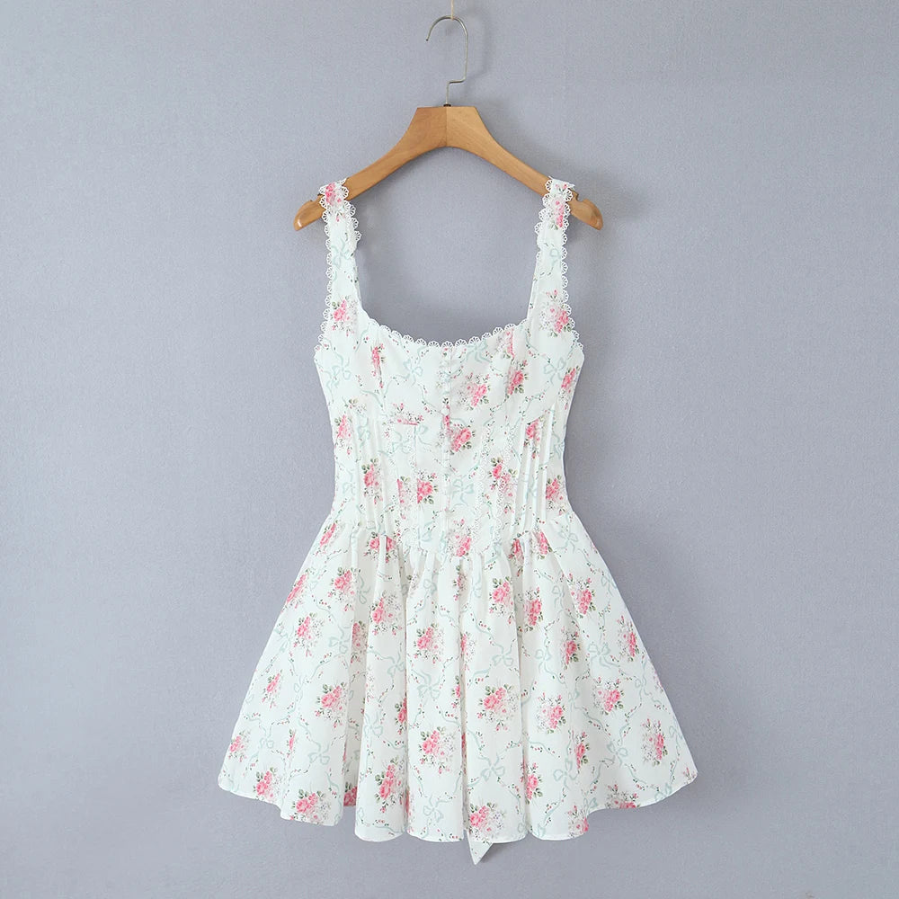Women's white floral print back tie flare mini dress with turn-down collar and full sleeves.