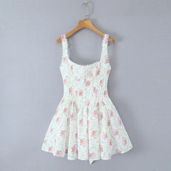 Women's white floral print back tie flare mini dress with turn-down collar and full sleeves.