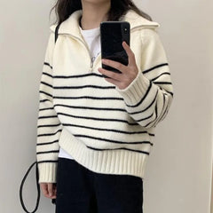 Striped Zipper Collar Sweater