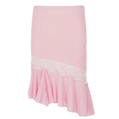 Pink Irregular Frill Hem Lace Trim Midi Skirt