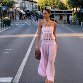 Lace Embroidered Square Neck Sheer Crop Top And Wide Pants Set