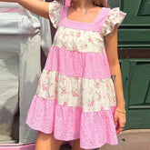 Pink Floral Plaid Patchwork Ruffles Strap Babydoll Mini Dress