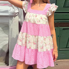 Pink Floral Plaid Patchwork Ruffles Strap Babydoll Mini Dress