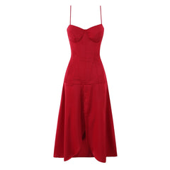Red Tie-Up Back Corset Slit Midi Dress