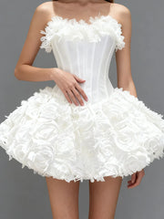 3d Flower Flare Fringe Neck Corset Mini Dress