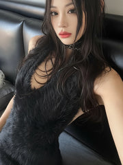 Black Furry Halter Mini Dress