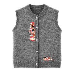 Knitted Embroidered Cartoon Button Up Vest