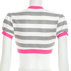 Striped Short Sleeve Deep V-Neck Crop Top