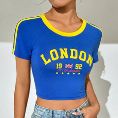 Women's blue London letter printed O-neck short-sleeved crop graphic T-shirt.