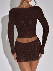Sequin Solid Long Sleeve Top And Mini Skirt Set