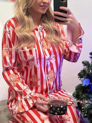 Satin Gingerbread Print Long Sleeve Shirt And Wide Leg Pants Pajamas Set