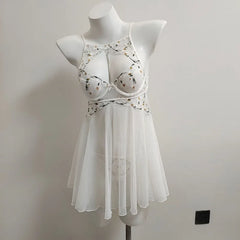 Daisy Embroidered Floral Lace Mesh Nightgown